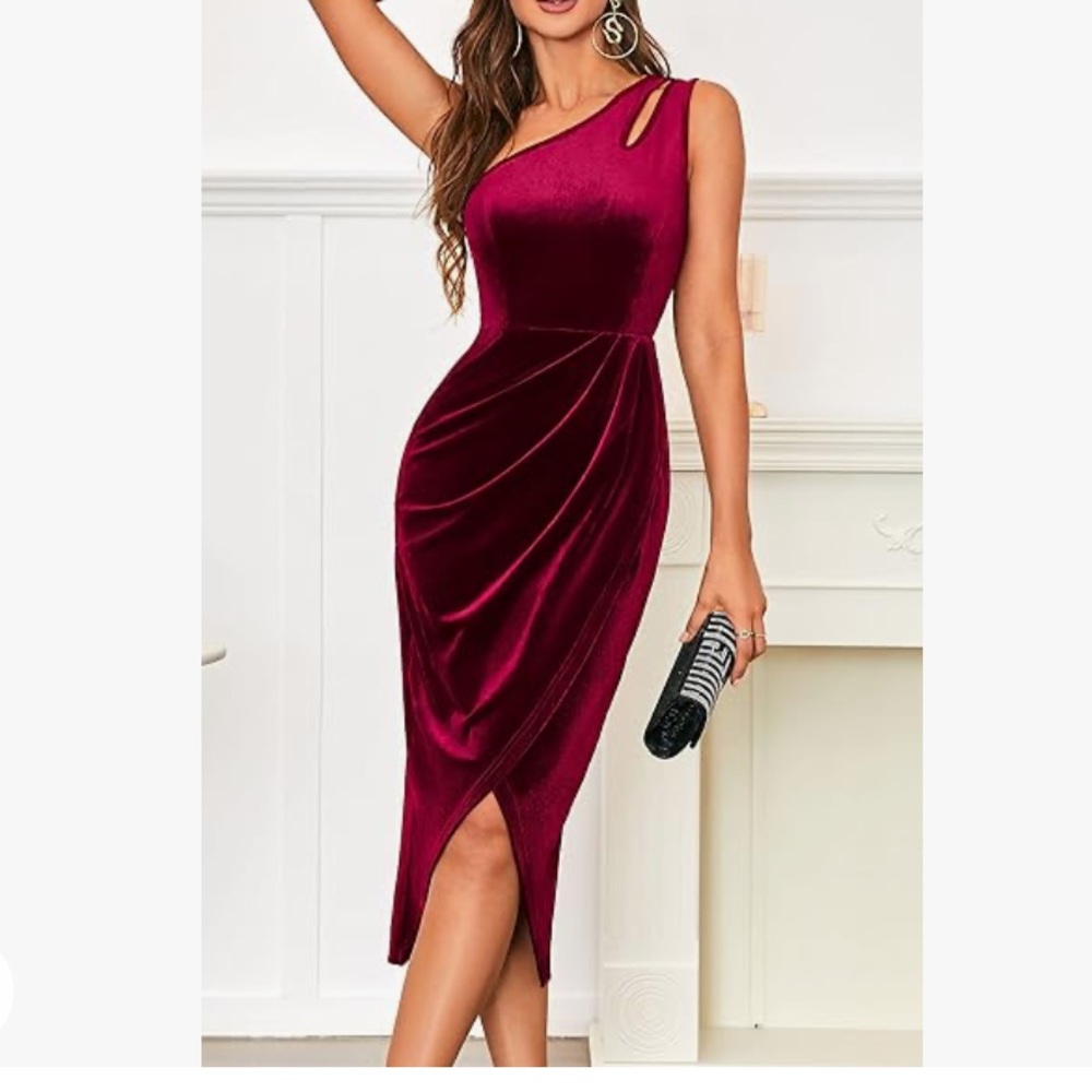 Red velvet astmmetrical slit cocktail party dress